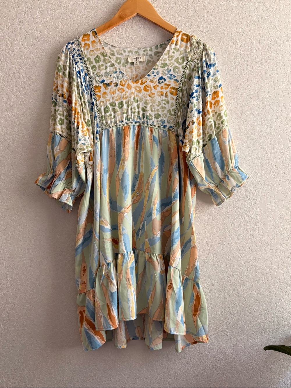 Umgee Boho Mixed Print Tiered Dress V-Neck Animal Watercolor S/M